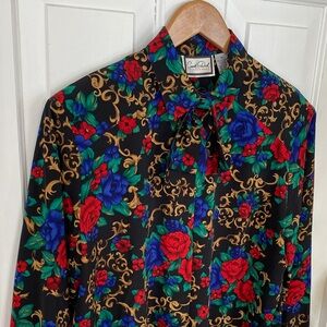 Vintage floral blouse women’s button down neck tie feminine Cottagecore iffice